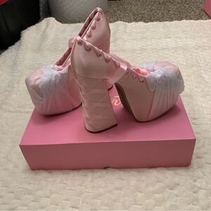 Dolls Kill Sugar Thrillz Pink Sweet Sonata Lace-Up Platform Heels, New In Box